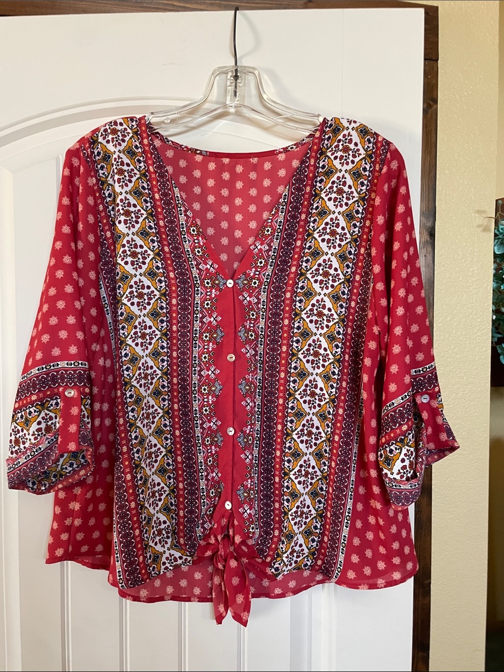 Boho Tie-Front Printed Women’s Top - Red